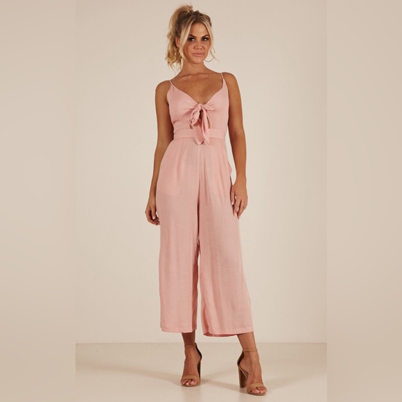 Showpo. Renewed Cut Out Tie Front Linen Look Jumpsuit in Pink Linen Look - Picture 2 of 12